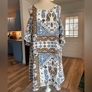 Blue and Brown Open Shoulder Dress